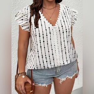 Striped Contrast Lace Butterfly Sleeve Blouse